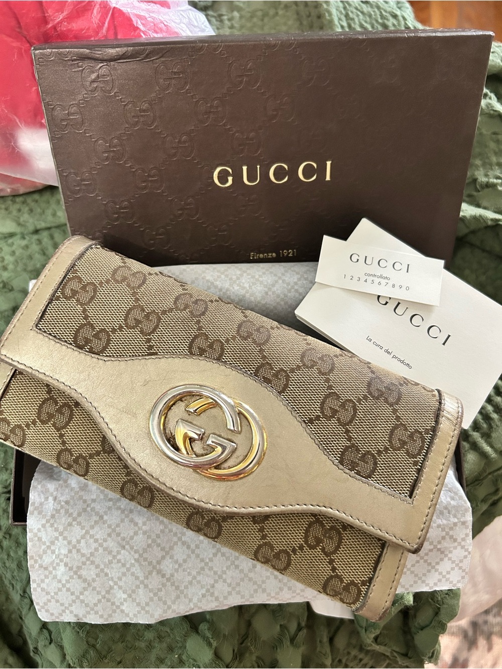 Gucci Beige/Brown GG Monogram Continental Wallet with Double G Hardware